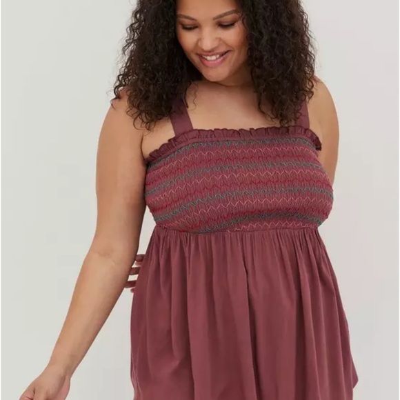 Torrid Smocked Babydoll Tank - Dusty Red - Picture 1 of 4